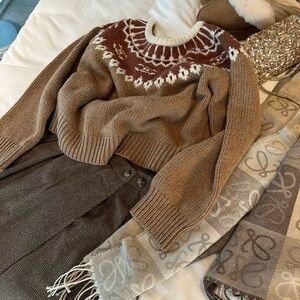 Brown Cropped Sweater Featuring Holiday Snowflake Pattern
